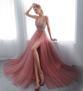 2019 Lange avondjurken Dusty roze formeel prom -jurken avondkleding sexy kralen feestvage optochtjurk 20193420160