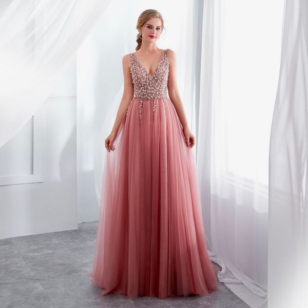 2024 robes de soirée longues rose poussiéreux robes de bal formelles tenue de soirée sexy robe de soirée perlée