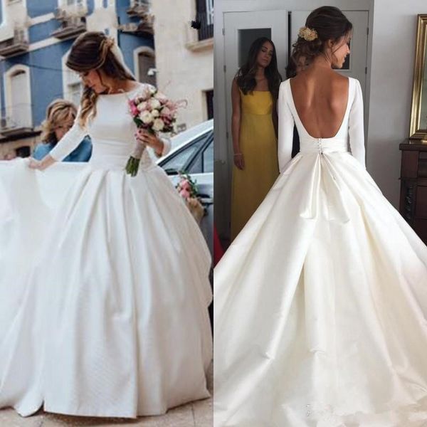 2019 robes de mariée robe de bal à manches longues grand dos ouvert décolleté bateau drapé blanc satin robe de mariée pas cher robes de mariée robe de novia