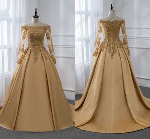 2019 lange mouwen gouden jurk van de schouder vestidos de fiesta applique kristal kralen pailletten ruches prom jurken baljurken formele jurk