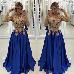 2019 Vestidos de noche de manga larga Apliques dorados Con cuentas Azul real Vestidos largos de fiesta de noche Vestido formal 319R