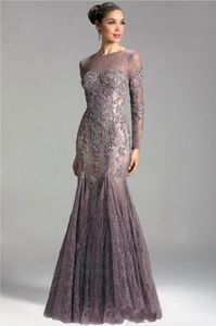 2019 manches longues sirène mère de la mariée robes bijou cou dentelle appliques perlée illusion grande taille robe de soirée mariage Gu181o