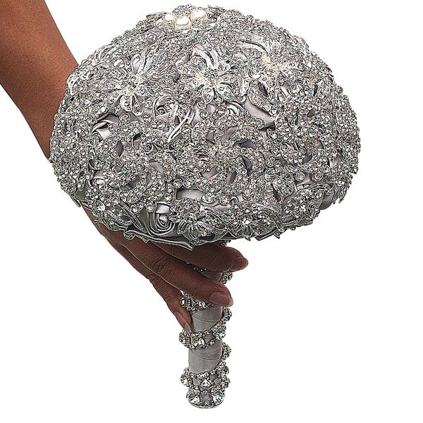 2019 Lujoso ramo de broche de cristal, ramo de cuentas de cristal gris marfil, flores de satén para boda, ramos de novia, accesorios de boda 246D