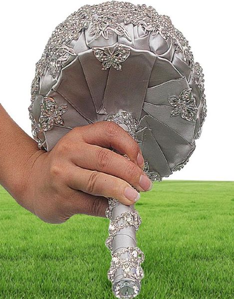 2019 Luxurious Crystal Broch Bouquet Marfil Grey Crystal Beading Bouquet Flores de boda de satén Accesorios para bodas de novia1612782