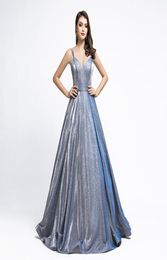 2019 Lujo bling Brillante Reflectante ALine Vestidos de noche yousef aljasmi espagueti cuello en v con bolsillo dubai árabe Prom Formal Go7581652