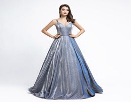 2019 Lujo bling Brillante Reflectante ALine Vestidos de noche yousef aljasmi espagueti cuello en v con bolsillo dubai árabe Prom Formal Go9501804