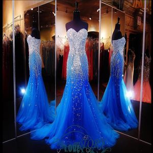 2019 Luxe Blue Mermaid Prom Pageant Dress met Sweetheart Mouwloos Sweep Train Sparkling Crystal Beading Tulle Formele Avond 236S