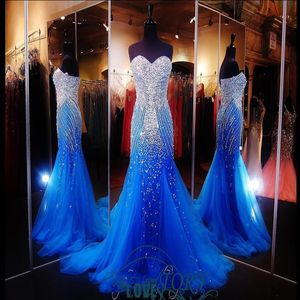 2019 luxe bleu sirène robe de bal de promo avec chérie sans manches balayage train mousseux cristal perles tulle soirée formelle 293Q