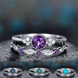 Anillos de cristal de piedra azul verde para mujer, anillo de compromiso de boda de Color plateado, joyería de moda fina