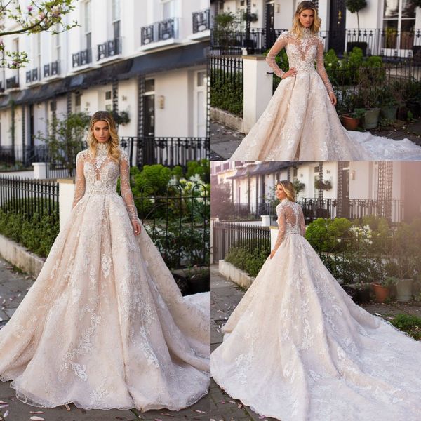 2019 luxo luz champanhe estilo country uma linha vestidos de casamento alta pescoço sheer mangas compridas ilusão corpetes rendas apliques vestidos de noiva