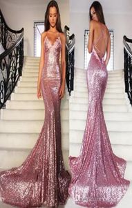 2019 Luxury Long Spaghetti Straps Vestido de noche Rose Sequine Vestidos Sequined Vestido de fiesta sin mangas Vestido Sexy V Backless V Neck For1412761