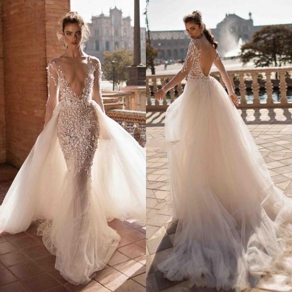 2022 Sirène Dos Nu Plage Robes De Mariée Sexy Overskirt Manches Longues Bohème Robes De Mariée Tulle Plus La Taille Boho Vestidos De Novia