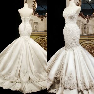 2019 robes de mariée sirène de luxe chérie sans manches à lacets dos perles cristaux dentelle appliques robe de mariée à plusieurs niveaux de haute qualité