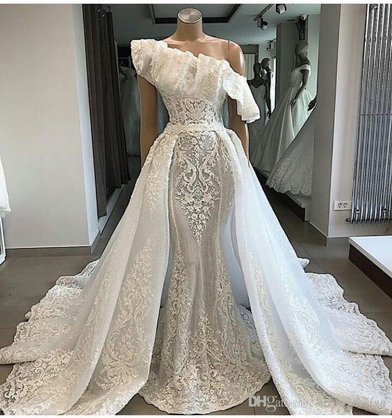 2019 robes de mariée de luxe en dentelle à une épaule avec train tribunal détachable appliques robes de mariée sirène couture robe de fiançailles