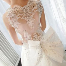 2019 luxe scoop kristallen appliques trouwjurk met boog kralen bruidsjurken vintage trein birdal jurk gewaad de mariage