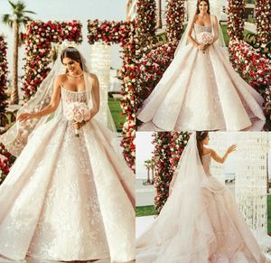 2019 luxe trouwjurken met sluiers strapless a lijn kant geappliceerd kralen ruches land bruidsjurken prachtige strand vestidos de novia
