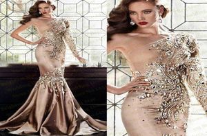 2019 Luxe Zuhair Murad Kristallen Jurken Avondkleding Dubai Eén Schouder Strass Formele Avondjurken Moslim Lange Mouw Goud Galajurk4301711