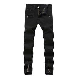 2019 hommes jeans décontracté Biker Jeans Denim pantalon fendu Joint côté fermeture éclair taille moyenne flexion à la mode droite 281o