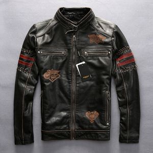 2019 hommes veste en cuir véritable Vintage noir épais peau de vache Slim Fit moto motard broderie manteau printemps grande taille veste