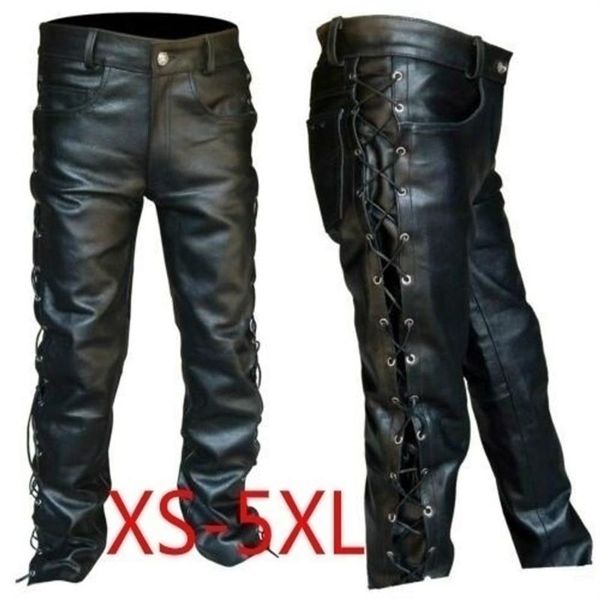 2019 pantalons en cuir épais pour hommes lacets latéraux noirs Style jean pantalon Long pantalon en cuir de moto pour hommes pantalons de vélo Male293A