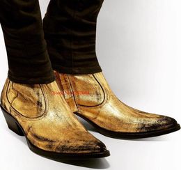 2019 hommes chaussures fête or mat cuir bottillons hommes bottines hommes robe Chunky talon martin bottes bout pointu cowboy bottes