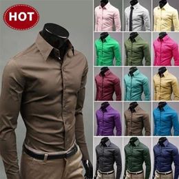 2019 Mens Slim Fit Único Decote Elegante Vestido de Manga Longa Camisas Casuais Camisa Masculina Camisa Masculina Turn-down Collar283E