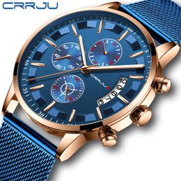 2019 Mens Stijlvolle horloges Crrju Brand Blue Military Waterds Waterdichte Sport Watch Heren Casual Mesh Strap Quartz Clock Reloj HOMBRE214O