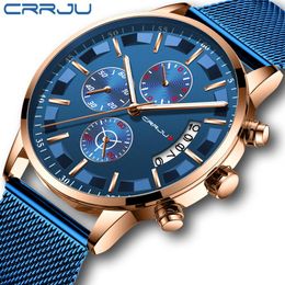 2019 Heren Stijlvolle horloges Crrju Brand Blue Military Waterds -waterdichte Sports Watch Heren Casual Mesh Rieme Kwarts Clock Reloj HOMBRE264G