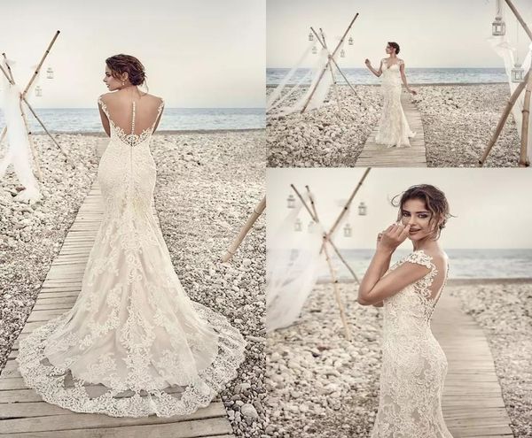 2019 Vestidos de novia de sirena Eddy K Aires Apliques de encaje Precioso cuello transparente y espalda Manga casquillo Vestidos de novia de encaje vintage Custom6740244