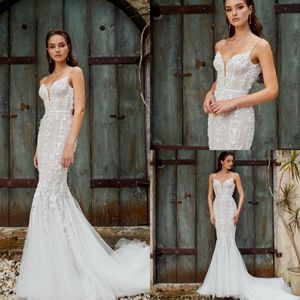 2019 Robes De Mariée Sirène Dentelle Appliqué Paillettes Balayage Train Pays Robes De Mariée Plage Robe De Mari￩e Boho Robe De Mariée