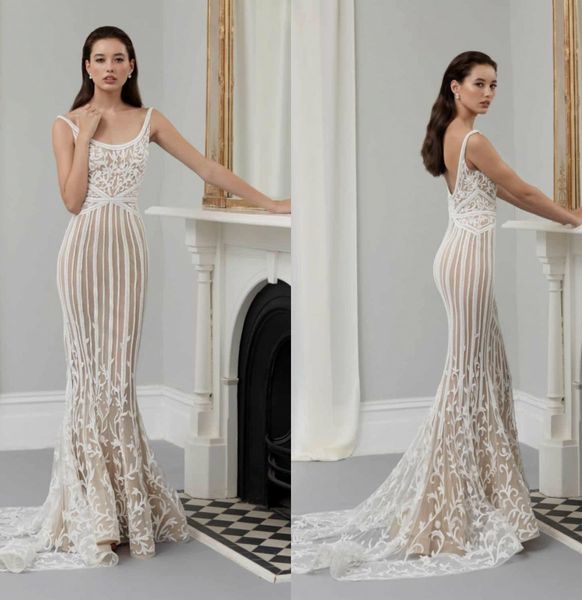 2019 Vestidos de novia de sirena Steven Khalil Escote redondo Apliques de encaje Tren de barrido Vestido de novia de playa Sin espalda Forro desnudo Vestidos de novia Boho