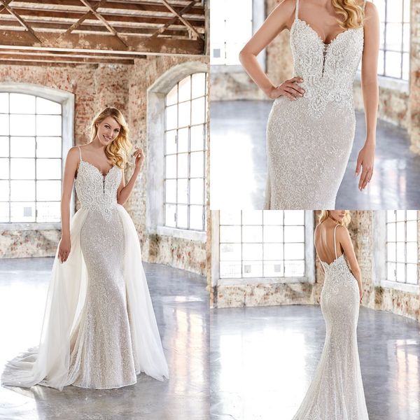 2019 robes de mariée sirène tulle manches de train détachables spaghetti pleine dentelle plus la taille robes de mariée paillettes robe dos ouvert pour le mariage