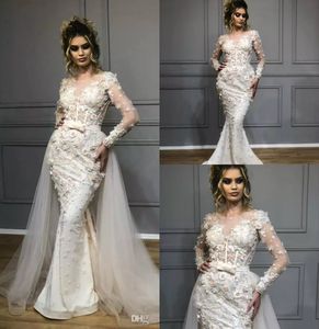 2019 robes de mariée sirène avec train détachable bijou cou dentelle appliques pays robe de mariée à manches longues, plus la taille robes de mariée
