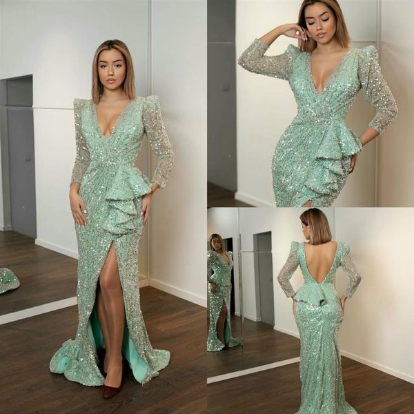 2019 Vert Menthe Robes De Bal V Cou Dentelle Paillettes Côté Split Balayage Train Sexy Robe De Soirée Plus La Taille À Manches Longues Sirène Partie Go336M