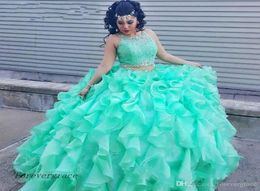 2019 Mint Green Two Pieces Quinceanera Dress Princess Cascading Puffy Sweet 16 Edades Long Girls Prom Party Cortos