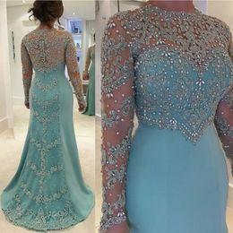 2019 Mint Green Vintage Mermaid Mother of the Bride Taving Dresses Beads de manga larga Cordano de cristal Aplicado Plus Size290z