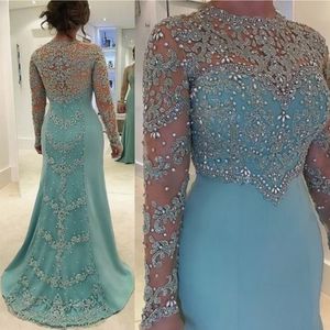2019 Mint Green Vintage Mermaid Mother of the Bride Evening Jurken Long Sleeve Beads Crystal Lace Appliqued Plus Size290Z