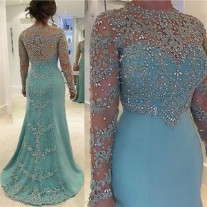 2019 Mint Green Vintage Mermaid Mother of the Bride Evening Jurken Long Sleeve Beads Crystal Lace Appliqued Plus Size215B