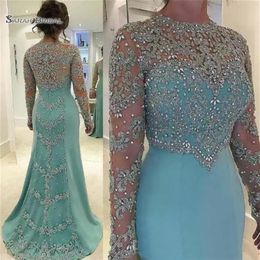 2019 vert menthe Vintage gaine robes de bal à manches longues perles manches longues appliqué soirée robe de soirée216L