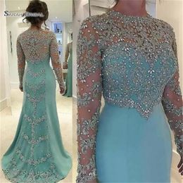 2019 Mint Green Vintage Vaina Vestidos de baile Cuentas de manga larga Manga larga Apliques Fiesta de noche Vestido 317m