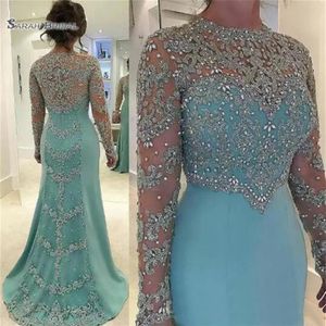 2019 Mint Green Vintage Vaina Vestidos de baile Cuentas de manga larga Manga larga Apliques Vestido de fiesta de noche 3299