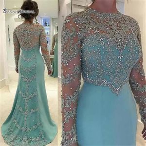 2019 vert menthe Vintage gaine robes de bal à manches longues perles manches longues appliqué soirée robe de soirée253Y