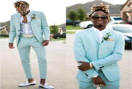 2019 Mint Green Wedding Tuxedos Slim Fit twee stukken Beach Groomsmen Suits Bruidegom slijtage piek Rapel Formele prom suite jacketpants9137064