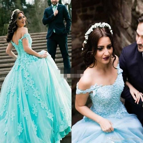 2019 Menthe Arabie Saoudite Quinceanera Robe Princesse Puffy Dentelle Applique Doux 16 Âges Longues Filles De Bal Parti Pageant Robe Plus La Taille C268l