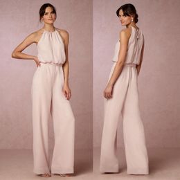 2019 Moderne blush roze chiffon pant suit bruidsmeisje jurken lange goedkope halter vloer lengte bruidsmeisje jurken op maat gemaakte china en12 2554