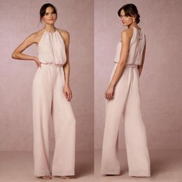 2019 Moderne blush roze chiffon pant suit bruidsmeisje jurken lange goedkope halter vloer lengte bruidsmeisje jurken op maat gemaakte porselein en12 242c