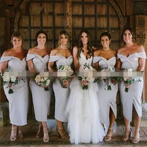 2019 Moderne grijze thee lengte bruidsmeisjes jurken van de schouder geplooide backless meid van eer feest bruiloft gasten jurk vestido de gewaden
