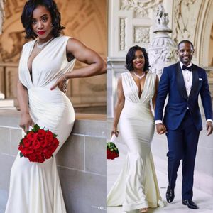 2020 moderne sirène robe de mariée col en V dos nu Satin robes de mariée longueur de plancher personnalisé africain grande taille robe de mariée