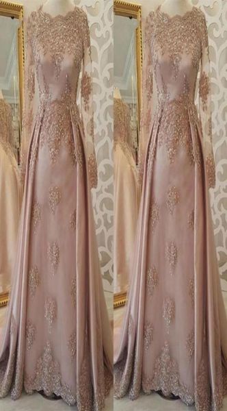 2019 robe de soirée modeste à manches longues élégant arabe Dubaï une ligne rose doux vacances femmes portent une robe de bal de fête formelle, plus la taille 3910974