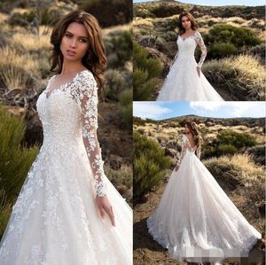 2019 Modeste Manches Longues Une Ligne Robes De Mariée Col En V Dentelle Appliqued Balayage Train Plus La Taille De Mariage Robe De Mariée Robe De Novia